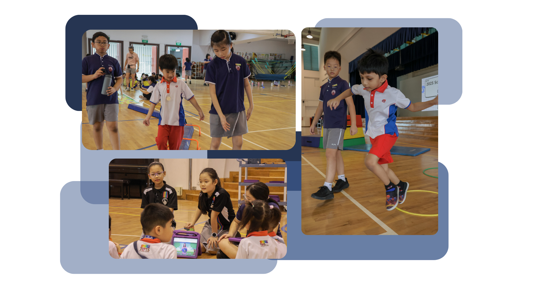 Three photos showing student leaders engaging with kindergarten children during an outreach activity in the school hall. The student leaders are seen guiding the kindergarten children through physical movement activities and a tablet-based activity on the floor.